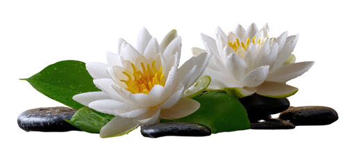 Two white water lilies on dark stones