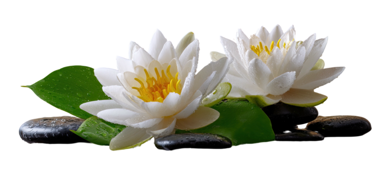 Two white water lilies on dark stones