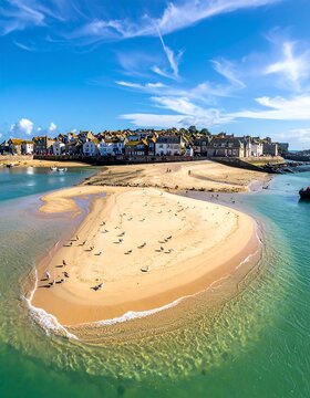 Coastal town with sandy islet