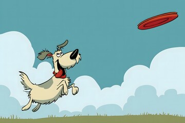 Playful Dog Chasing Frisbee in Bright Sky with Whimsical Clouds Background
