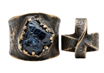 Extreme close-up macro shot of two weathered, oxidized bronze rings, one with a raw dark sapphire, on a transparent background with shallow depth of field, concept of ancient artifacts and forgotten