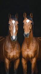 Fototapeta premium Two chestnut horses stand side-by-side against a black background
