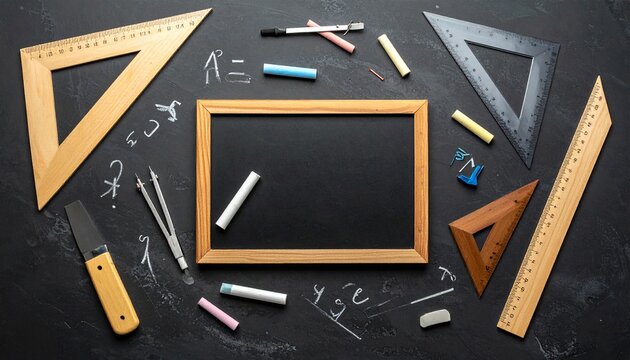 Overhead shot of a chalkboard surrounded by geometry tools, chalk, and mathematical equations on a dark surface.