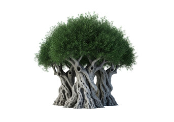 Small, majestic, ancient olive tree cluster with gnarled trunks, twisted branches, silvery bark, and emerald foliage, isolated against transparent studio background with copy space, serene concept of