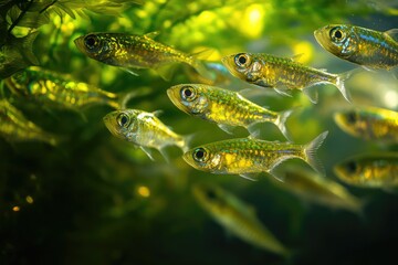 Fototapeta premium A school of small, shimmering fish swim amidst lush green aquatic plants in a tranquil underwater scene.