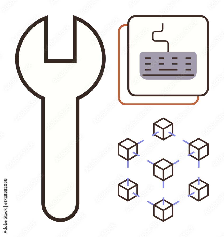 Poster wrench, keyboard, and interconnected nodes illustrating repair, technology, coding, and blockchain. 