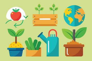 Gardening and Agriculture Icons with Earth and Watering Can
