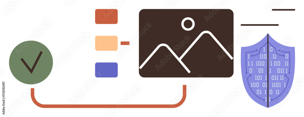 Aufkleber checkmark, image frame, data flow arrows, color boxes, and shield with binary code, representing con