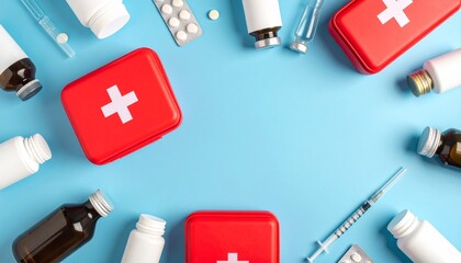 First aid and essential medical supplies flat lay composition on a vibrant blue background, symbolizing comprehensive health care, emergency preparedness, and vital medicine for well-being