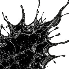 Chaotic, shimmering black oil splatter, forming intricate, jagged tendrils and sharp crystalline forms, erupting against a transparent background. Concept of abstract, dynamic chaos