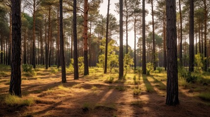 Fototapeta premium forest, pine trees, sunlight, shadows, autumn colors, golden hour, serene, peaceful, photorealistic, 8k, highly detailed 