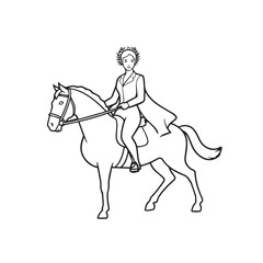 Black and white line art of a beautiful woman with perfect body riding horse elegant minimalist illustration