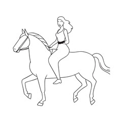 Black and white line art of a beautiful woman with perfect body riding horse elegant minimalist illustration