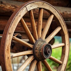 Close-up of a weathered wooden wagon wheel