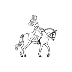 Black and white line art of a beautiful woman with perfect body riding horse elegant minimalist illustration