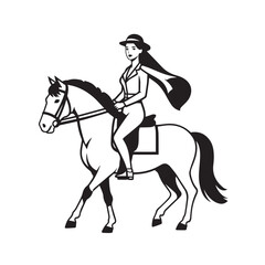 Black and white line art of a beautiful woman with perfect body riding horse elegant minimalist illustration
