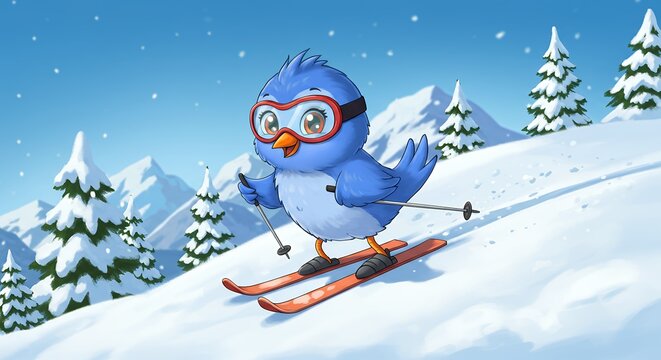 Cartoon bird skis down snowy mountain slope with trees and snow - Powered by Adobe