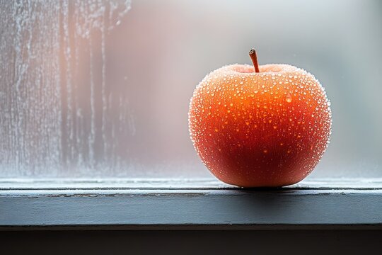 A dewy red apple sits on a windowsill against a rain-streaked glass.