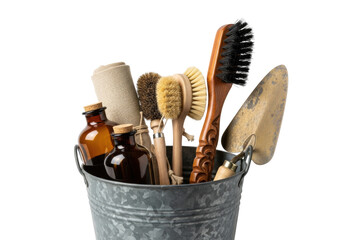 Weathered galvanized pail with amber bottles, rustic canvas, natural brushes, carved wooden brush, and bronze trowel, on transparent studio background, showcasing artisanal utility