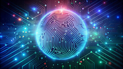 Futuristic fingerprint circuit board glows with digital power