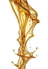 Molten golden-amber liquid, turbulent and dynamic, forms cascading shapes with thick dripping strands and swirling eddies, frozen in motion on a transparent background. Concept of chaotic beauty and