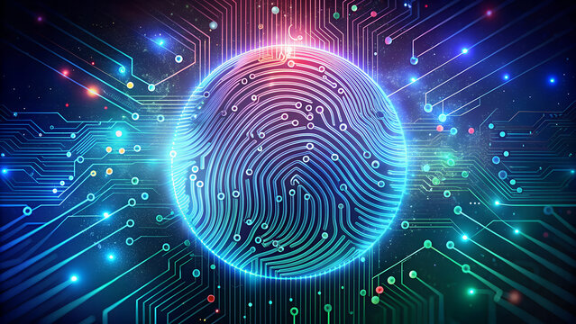 Futuristic fingerprint circuit board glows with digital power