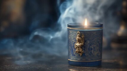 A burning candle, dark blue, ornate glass container, with smoke