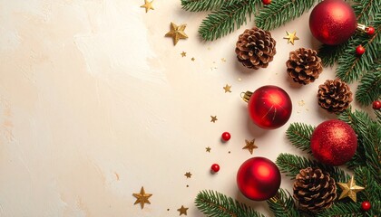 Festive Christmas Background with Ornaments, Pine Cones, and Evergreens for Holiday Season