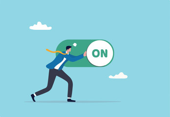 Turn on switch, paradigm shift or change to be better status, start or begin business, setting or preference concept, smart businessman push setting button switch to on position. 