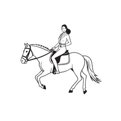 Black and white line art of a beautiful woman with perfect body riding horse elegant minimalist illustration