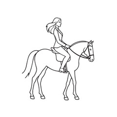 Black and white line art of a beautiful woman with perfect body riding horse elegant minimalist illustration