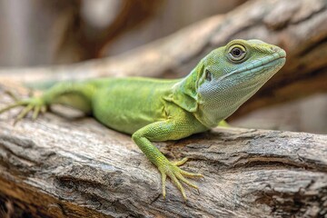Fototapeta premium A vibrant green lizard rests peacefully on a weathered textured branch