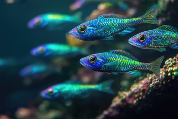 A school of vibrant, iridescent blue and green fish swim near a coral reef.