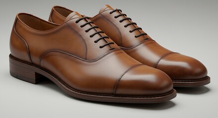 Elegant brown leather shoes pair polished footwear isolated on neutral backdrop