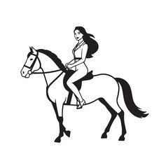 Black and white line art of a beautiful woman with perfect body riding horse elegant minimalist illustration