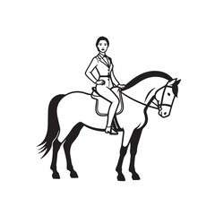 Black and white line art of a beautiful woman with perfect body riding horse elegant minimalist illustration