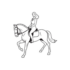 Black and white line art of a beautiful woman with perfect body riding horse elegant minimalist illustration