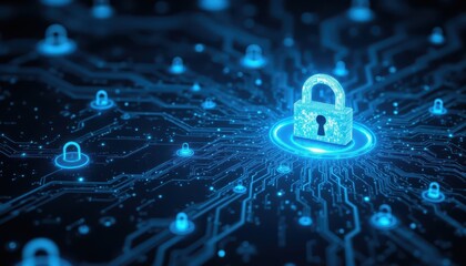 Cybersecurity lock on circuit board, protecting digital data and systems from threats