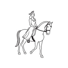 Black and white line art of a beautiful woman with perfect body riding horse elegant minimalist illustration