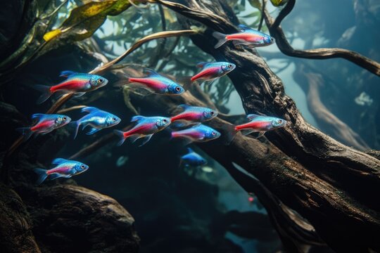 A school of vibrant, red and blue cardinal tetras swim amidst aquatic plants and driftwood in a dark, immersive aquarium.