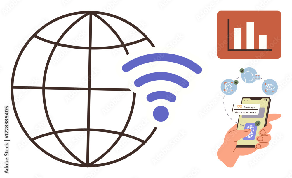 Aufkleber globe outline with wireless, hand holding smartphone with messaging and data bubbles, analytics grap
