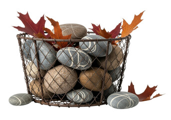 Distressed dark metal wire basket with rust, filled with grey, brown river stones & crimson oak leaves, on white background, macro close-up, high-key studio light, concept of natural weathering