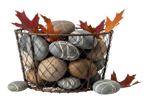 Distressed dark metal wire basket with rust, filled with grey, brown river stones & crimson oak leaves, on white background, macro close-up, high-key studio light, concept of natural weathering