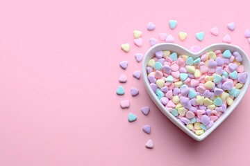 Fototapeta premium A white heart shaped bowl filled with pastel colored candy hearts