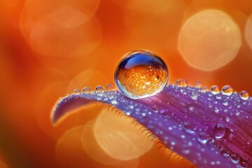 A large water droplet rests on a purple petal, surrounded by smaller droplets against a warm orange bokeh background.