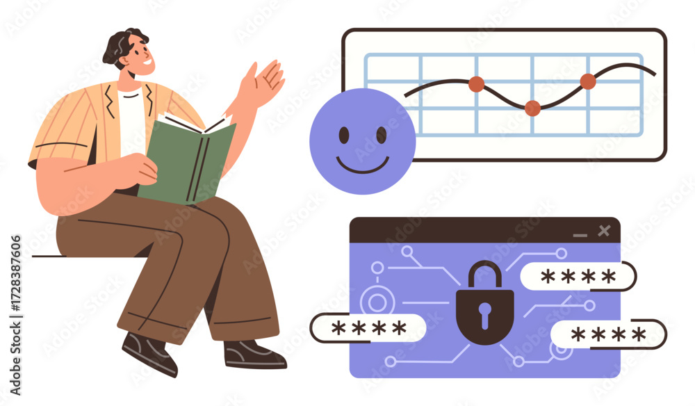 Poster man reading and gesturing near password security illustration, smiling face, and graph line. ideal f