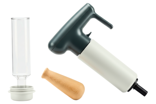 Disassembled parts of a manual portable espresso coffee maker on a transparent background