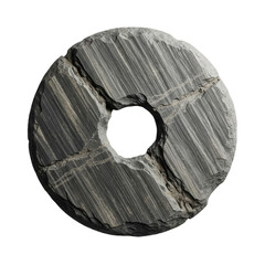 A weathered, rough-hewn slate disc in dark charcoal and dusty grey, with striations and chipped irregular bore, centered on a transparent studio background with soft lighting, close-up view. Concept