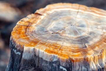 Close-up of a tree stump showing intricate rings and warm, earthy tones.