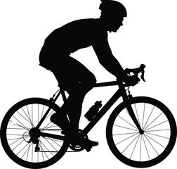 Obraz premium Silhouette cyclist riding road bike with helmet, forward-leaning posture, black vector illustration showing motion, gear, safety, and speed